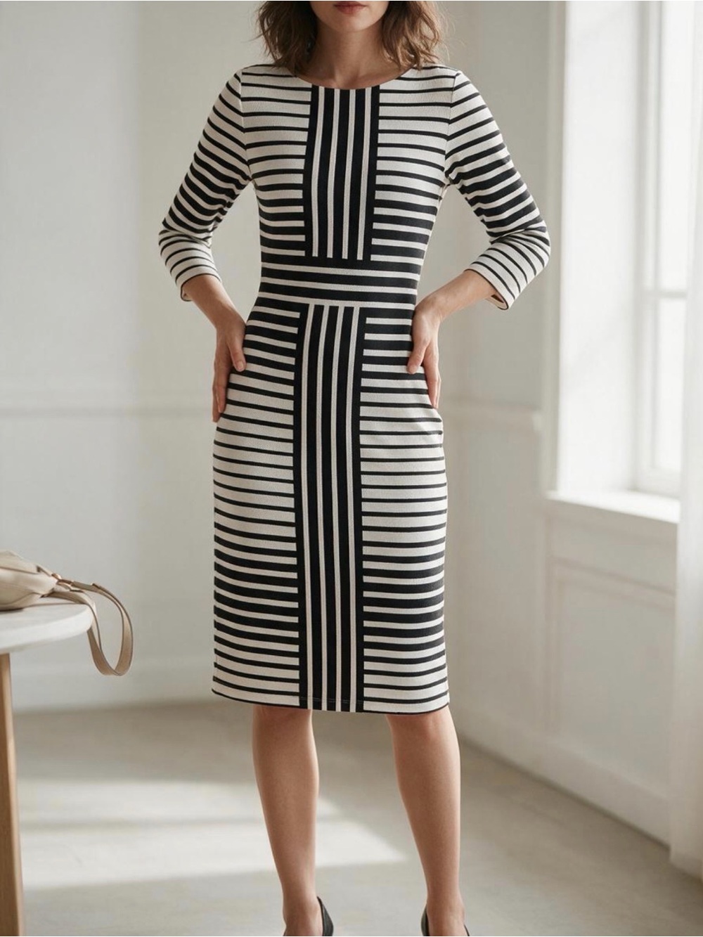 Gabby Skye Black and White Striped Midi Dress